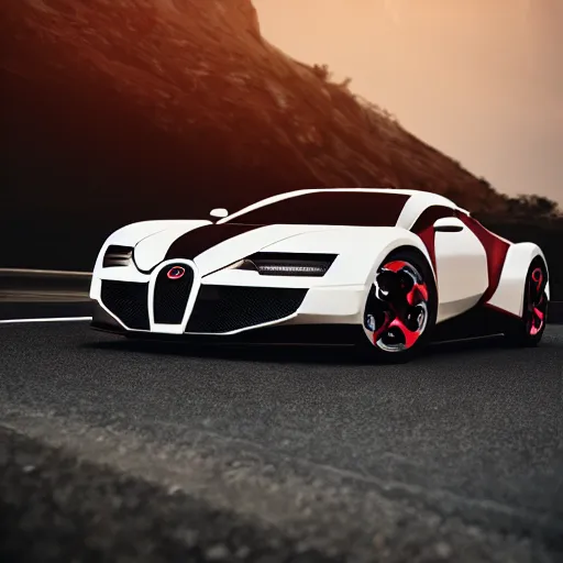 Prompt: Front view of a DSLR photo perfectly symmetrical sports car on a road inspired by a Bugatti and Apple built out of aluminum and glass, dramatic lighting, CGsociety, octane render, 4k render, Unreal Engine 5, supercar, centered, symetrical, speed, futuristic,