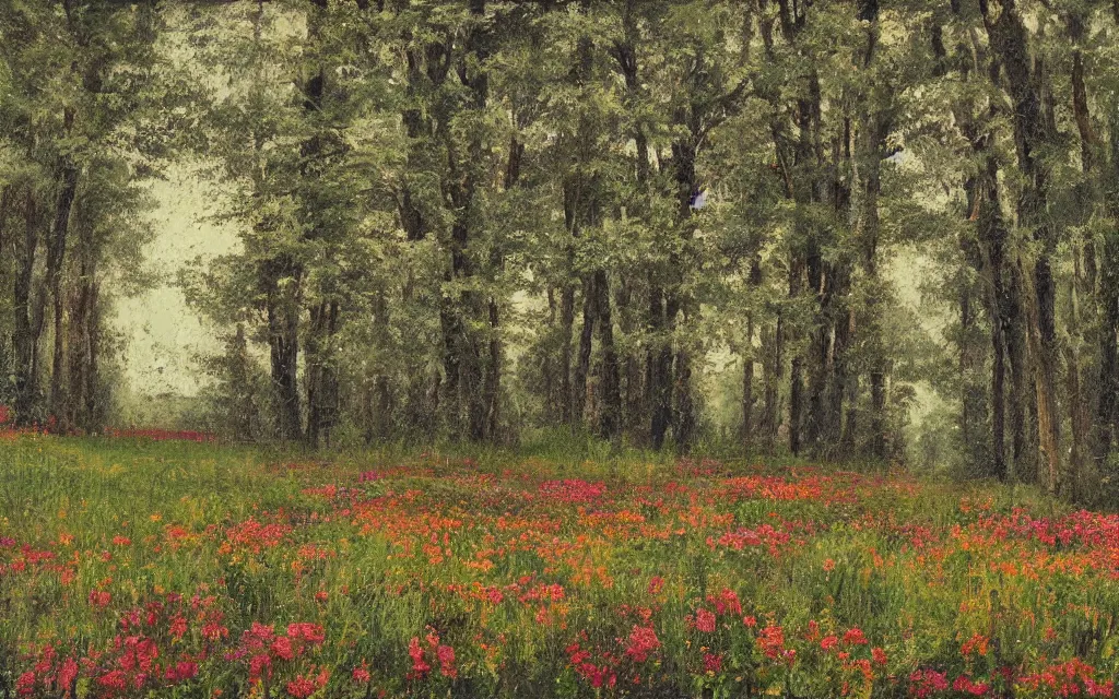 Prompt: a sprawling flowery meadow with tall trees, in the style of tomas sanchez