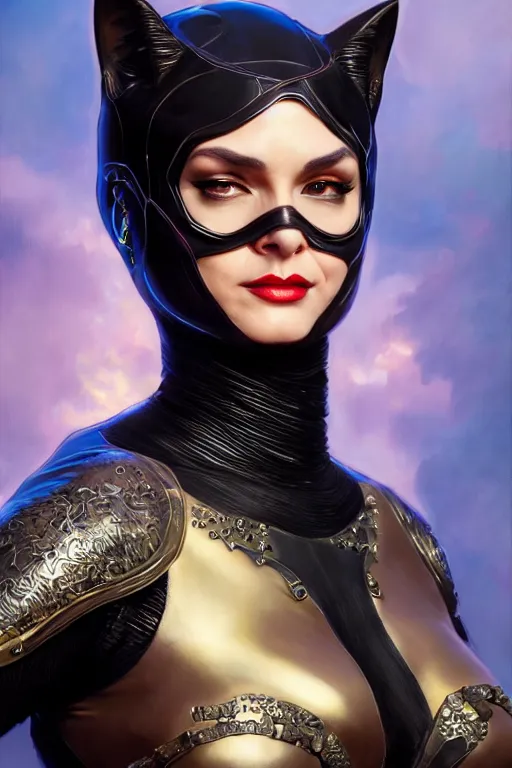 Prompt: painting of catwoman wearing ornate plastic armor, ultra realistic, sharp details, subsurface scattering, intricate details, warm lighting, beautiful features, highly detailed, photorealistic, octane render, 8 k, unreal engine, art by artgerm and greg rutkowski and alphonse mucha