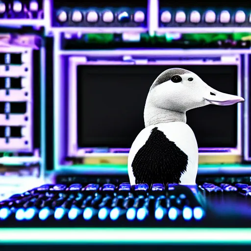 Image similar to Hacker goose with a keyboard in the mainframe, digital art, RTX on, perfect face, directed gaze, intricate, Sony a7R IV, symmetric balance, polarizing filter, Photolab, Lightroom, 4K, Dolby Vision, Photography Award