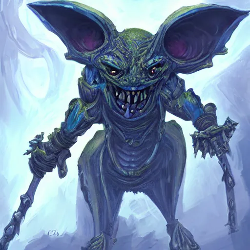 Image similar to a highly detailed goblin with grey skin and blue eyes that glow, in a dust storm, like magic the gathering, goblin chainwalker,, digital art, by christopher rush