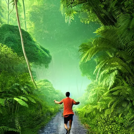 Prompt: sporty guy in acid-green sneakers, runs alone through a jungle with tall trees, shot from the back, natural, in perspective, concept art, cgsociety, octane render, trending on artstation, artstationHD, artstationHQ, unreal engine, 4k, 8k