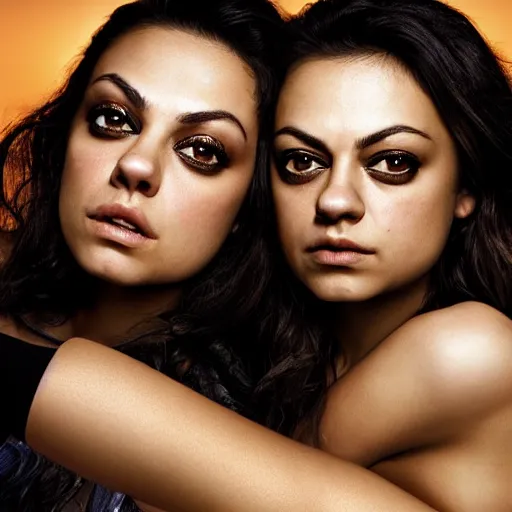 Image similar to Selfie photograph of Mila Kunis and Mila Kunis, light makeup, golden hour, 8k, photographed by Erwin olaf