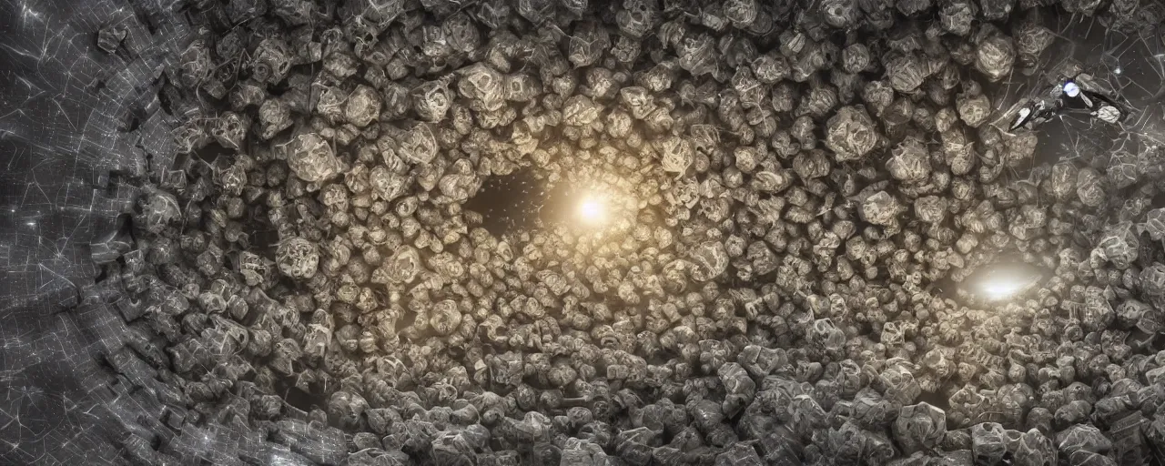 Image similar to movie still, brutalist wasp hive in space, minimalist, fractal asteroids, cell automata, unreal engine, octane render, detailed and intricate, global illumination, volumetric lighting, hubble telescope images, james webb telescope images, detailed and intricate environment