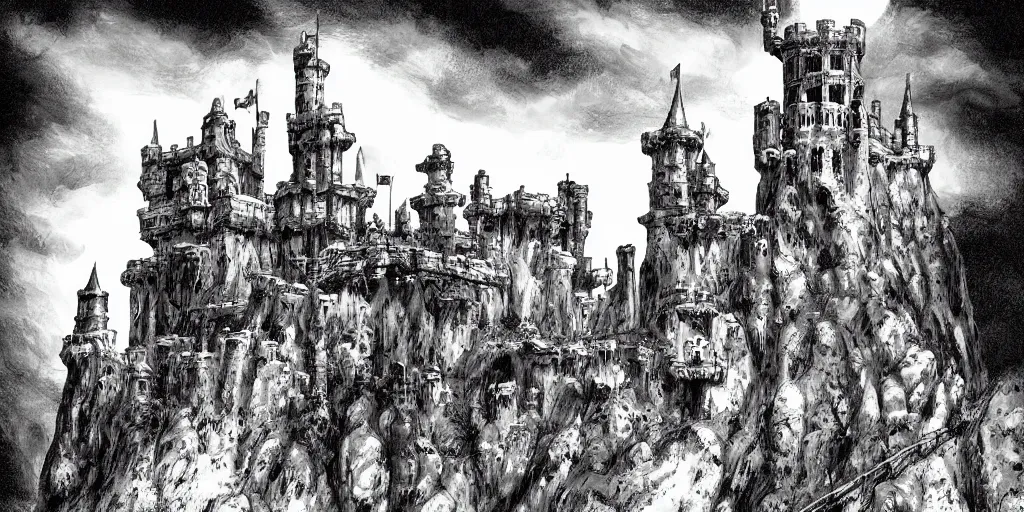 Prompt: illustration of a fantasy Castle in the middle of the desert, monochrome, manga style, by Kentaro Miura, sharp, dramatic lighting