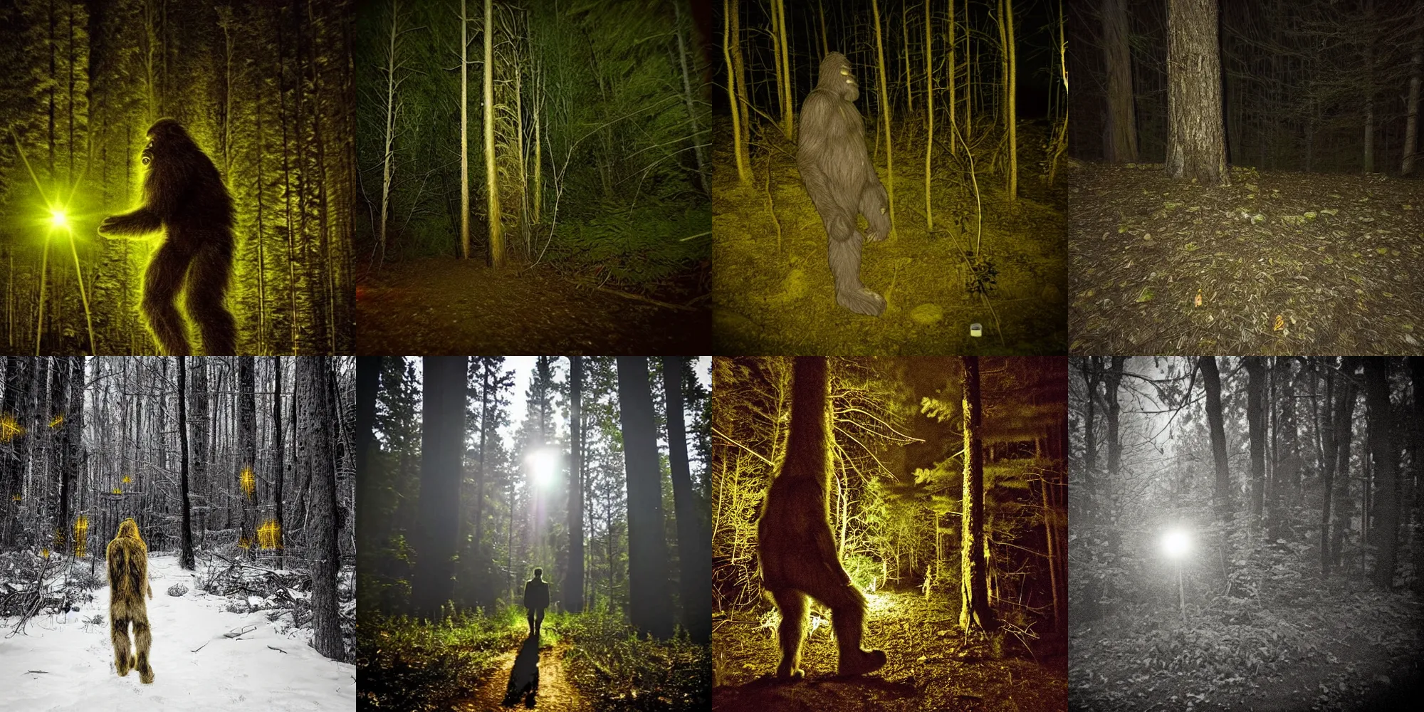 Prompt: trail camera photograph of a bigfoot at night in the forest. obscurity. darkness!!!. flash light. glowing yellow eyes. giant ape. motion blur. dim light. secret