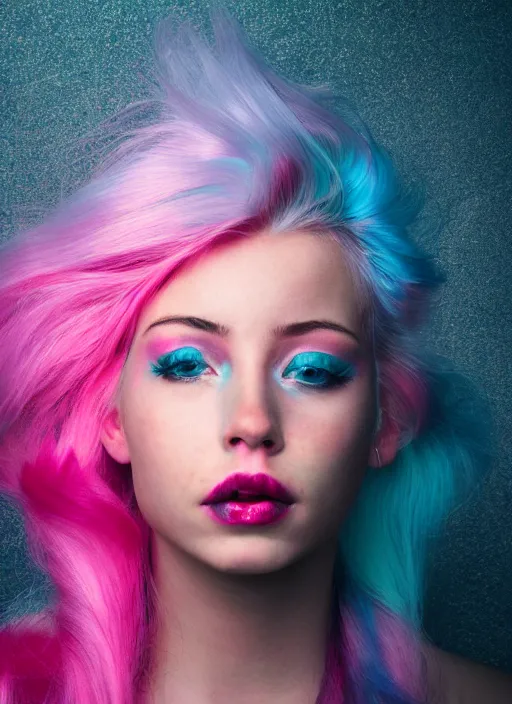 Image similar to a dramatic lighting photo of a beautiful young woman with cotton candy hair. blood splashes with a little bit of cyan and pink