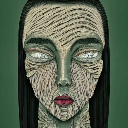 Image similar to face shredded like paper as skin peeling, dark, surreal, illustration, by ally burke