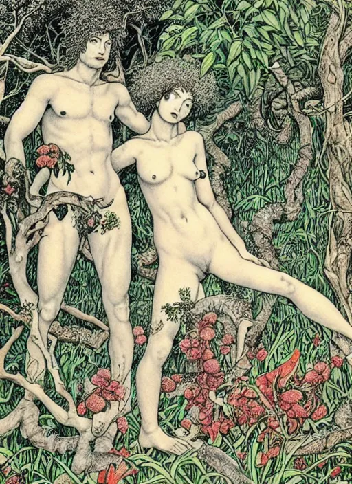 Prompt: adam and eve in eden garden, by Vania Zouravliov and Takato Yamamoto, high resolution
