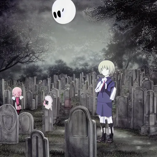 Image similar to anime hd, anime, 2 0 1 9 anime, ghost children, children born as ghosts, london cemetery, gloomy lighting, moon in the sky, gravestones, creepy smiles