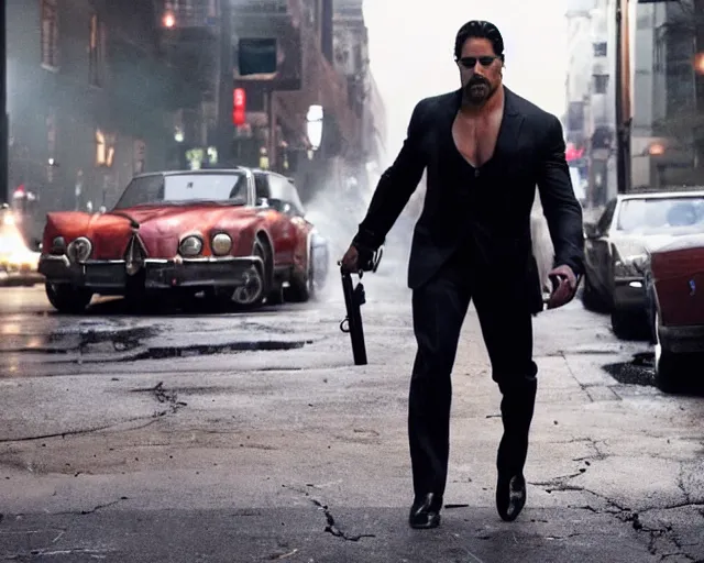 Prompt: mafioso ( joe manganiello ) throws a manhole cover at some vampires ; action scene from the modern hbo mini series / the outfit /, a supernatural mafia crime thriller about magical monster - hunting mafiosi in philadelphia, hd 8 k film photography, with modern supernatural horror aesthetic.