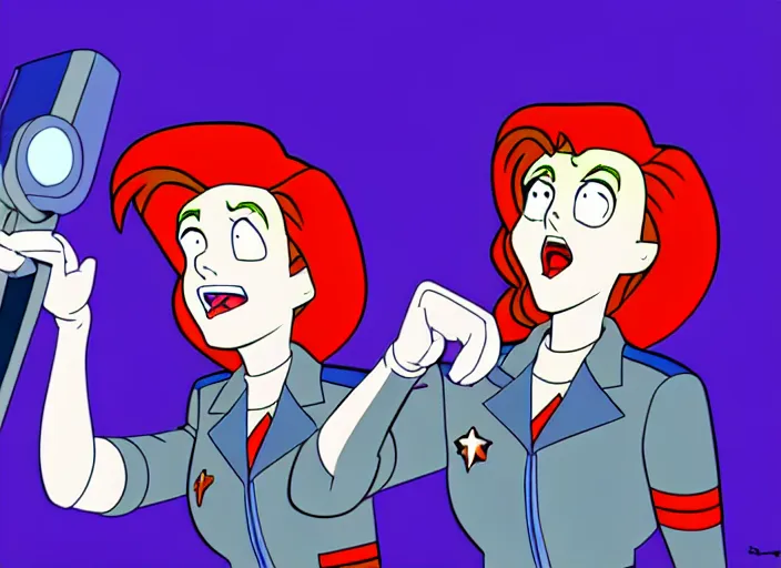 Image similar to dana scully on the real ghostbusters, shaded animation cel, anime, sharp detail, animation cel, thin linework, in the style of don bluth, bruce timm, stephen silver, studio trigger, 5 k, hd