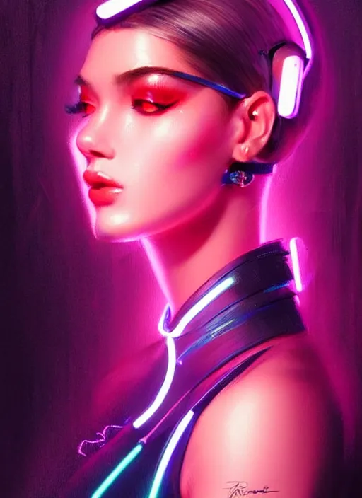 Image similar to photorealistic portrait of female humanoid, cyber neon lights, highly intricate, retro 6 0 s haute couture fashion, elegant, highly detailed, crispy quality, trending on artstation, trending on pinterest, glamor pose, no signature, no watermark, art by artgerm and greg rutkowski