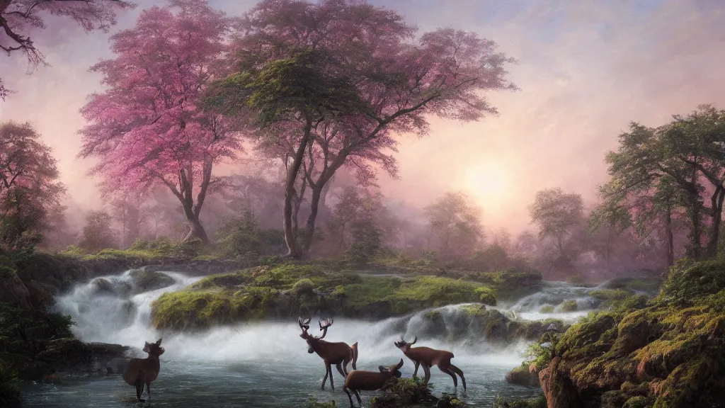 Image similar to the most beautiful panoramic landscape, oil painting, where a giant dreamy waterfall creates a river, the trees around are starting to bloom in pink and purple colors, a majestic deer is in close - up and it is under a giant tree while it is exhaling steam, the ray lights of the sunrise are brightening him, by greg rutkowski