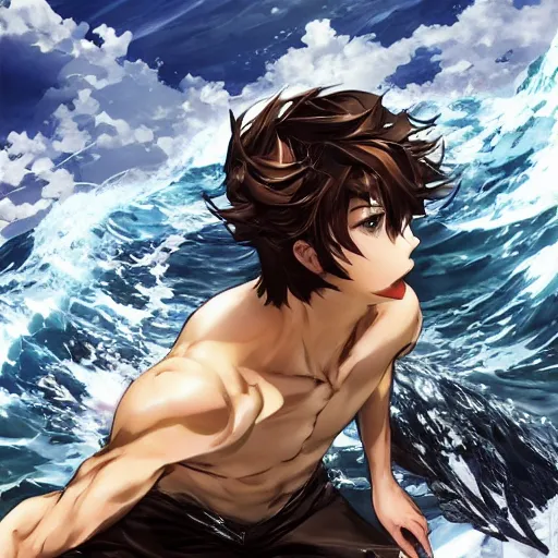 Image similar to epic battle brown haired boy summons a huge wave of water. detailed. masterpiece. dramatic. rule of thirds. jc leyendecker. repin. shigenori soejima.