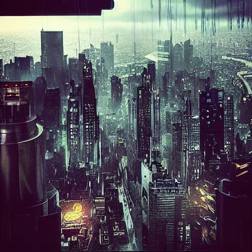 Image similar to “ looking down at a futuristic new york city below, ghostpunk, blade runner, storm clouds, rain, very detailed, realistic, 4 k ”