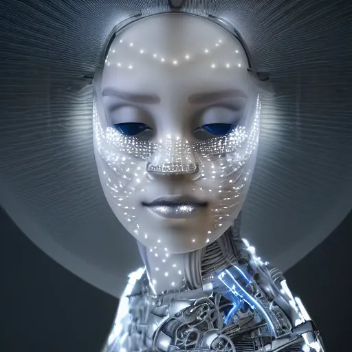 Image similar to beautiful centered fine art photo portrait of romantic beautiful girl as a solarpunk robotic humanoid, white mechanical parts with led lights, ballet style pose, photorealistic, white background, highly detailed and intricate, soft box lighting, hdr 8 k