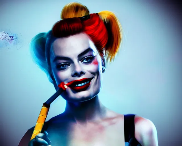 Image similar to Margot Robbie as a harley quinn smoking a cigarette, smoke cloud, cinematic, 4k digital art, highly detailed