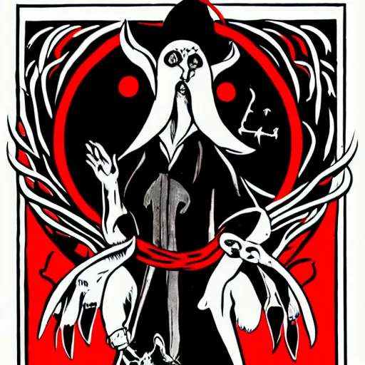 Prompt: gothic magician summoning a demon rabbit out of a wizard hat, in the style of russian propaganda posters, black white and red colors, make it spicey