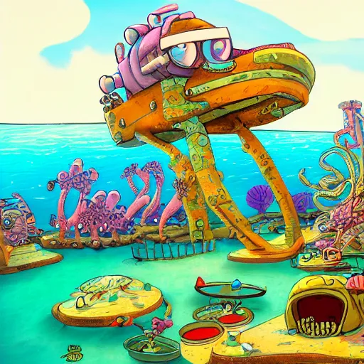 Image similar to bikini bottom drawn by stephen hillenburg, dynamic lighting, fantasy concept art, trending on art station, stunning visuals, creative, cinematic, ultra detailed