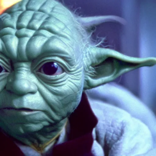 Image similar to a still of Yoda in Batman (1989), sharp focus, detailed, centered,