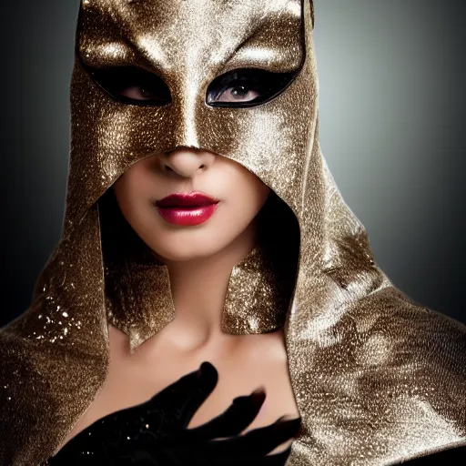 Image similar to sci - fi, fantasy arabian woman with mask, portrait photo, studio light, hdr, commercial shot, dark background, futuristic, luxury