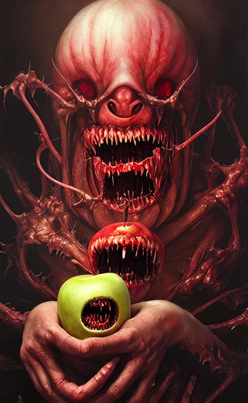 Prompt: tooth and flesh demon holding an apple gift by anna podedworna, ayami kojima, greg rutkowski, giger, maxim verehin