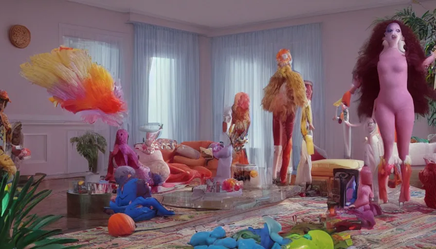 Image similar to movie still by alejandro jodorowsky of a beautiful day in a family living room in suburban usa, visible magic energy, dream creature costumes, floating large fruit, exotic aquarium, digital parade float, cinestill 8 0 0 t eastmancolor technicolor, high quality, very detailed, heavy grain, fine facial features, 8 k, octane render