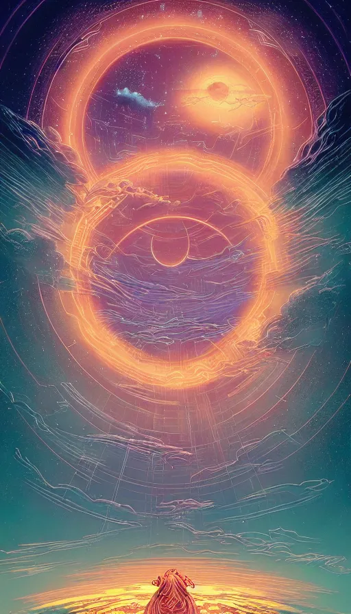 Prompt: the ancient portal of the luminous dream spirits on cosmic cloudscape, futurism, dan mumford, victo ngai