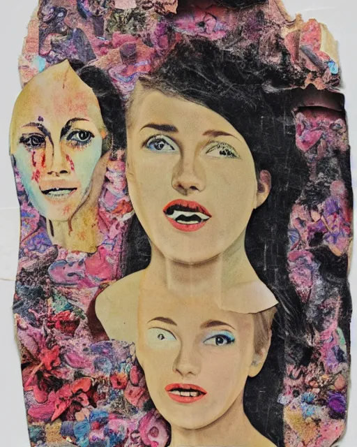 Prompt: different women's faces, cut and paste collage, mutated flowers, soft coloring, ripple effect, 1 9 6 0 s, water stains, different emotions, lingering glances