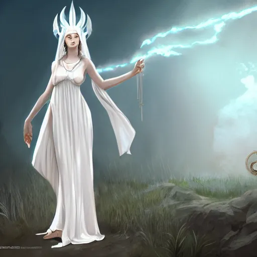 Prompt: goddess, pale, holy, gorgeous, white dress, high fantasy, concept art, Disco Elysium