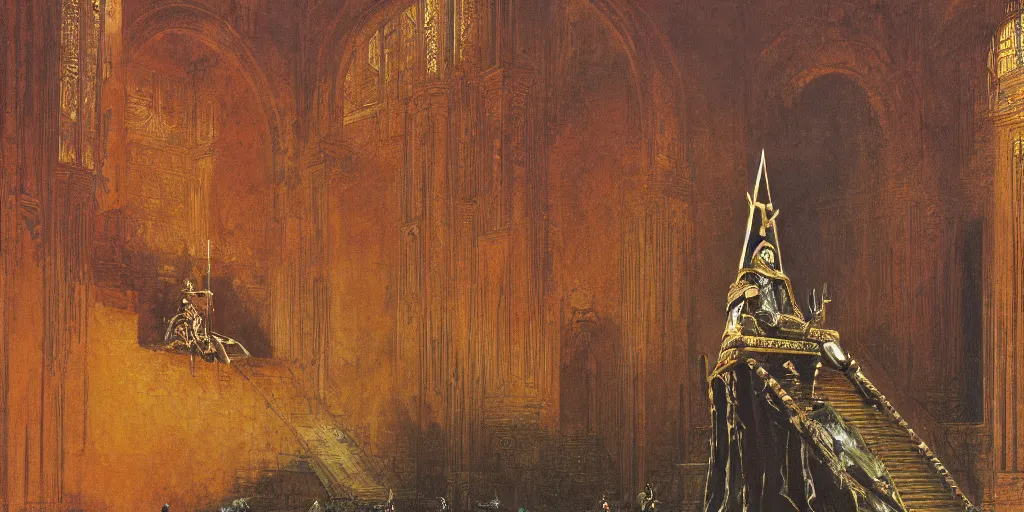 Prompt: a medieval king sitting on a golden throne led by stairs leaning on a shiny sword in a palace, light illuminating behind the throne, beksinski and syd mead cinematic painting