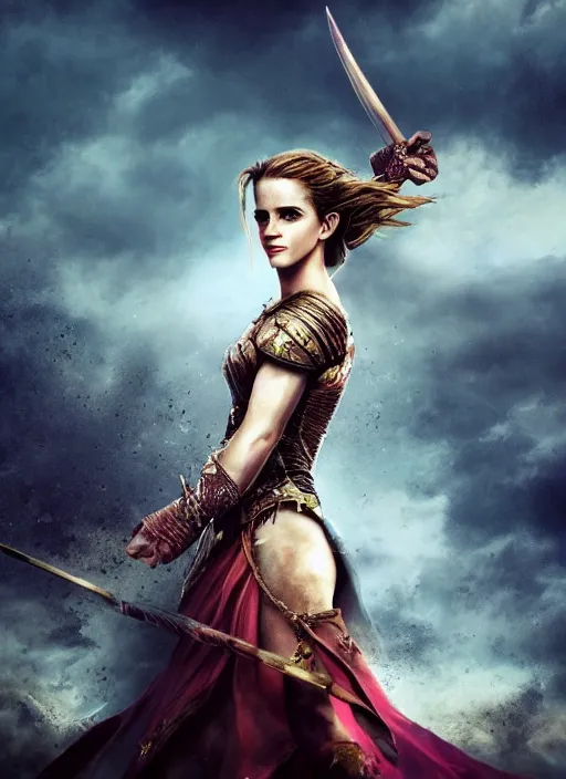 Image similar to hyper realistic photo of warrior pincess emma watson, full body, rule of thirds, conceptart, saturated colors, cinematic,