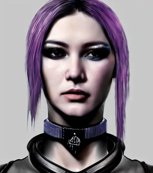 Image similar to detailed realistic female character cyberpunk wearing thick technological collar around neck, realistic, art, beautiful, 4K, collar, choker, collar around neck, punk, artstation, detailed, female, woman, choker, cyberpunk, neon, punk, collar, choker, collar around neck, thick collar, tight around neck, punk,