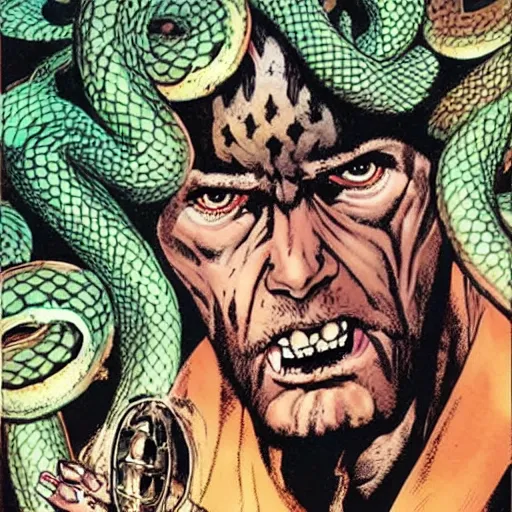 Image similar to a mysterious but ominous looking cult leader with snakes and snails on his head, art by Glenn Fabry, Simon Bisley, Clint Langley and Simon Davis.