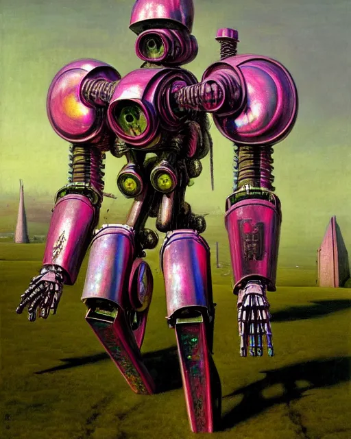 Image similar to hyperrealistic hyperdetailed medieval mecha iridescent pink performing war concept art santiago caruso de chirico sharp very dramatic green light 8k low angle shallow depth of field