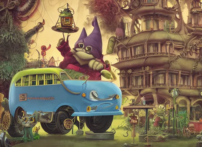 Prompt: matte sharp painting, close - up of a garden gnome driving a steampunk bus, a cat is holding onto the roof, juxtapoz, artforum, gary baseman, preston blair, tex avery, dan mumford, pedro correa