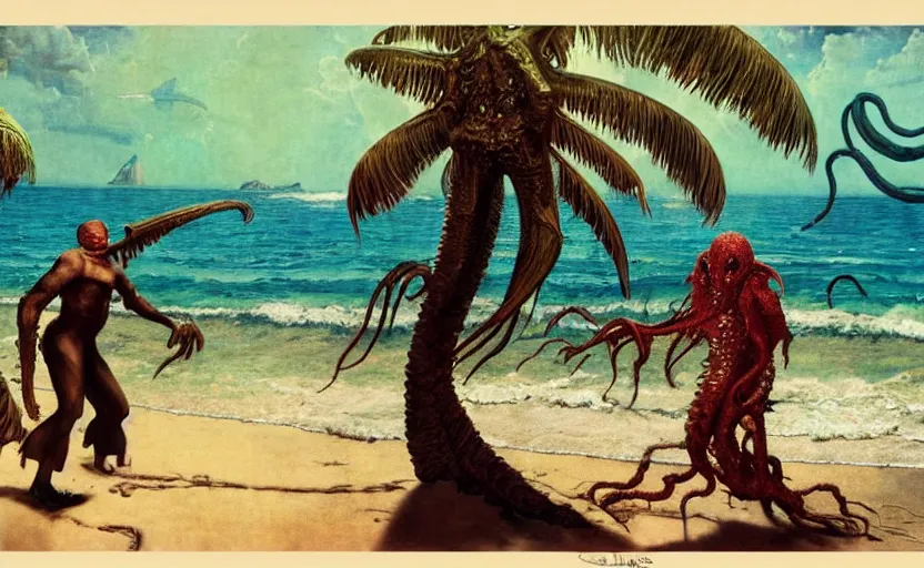 Image similar to cthulhu rising from the ocean by a tropical beach with palm trees. lovecraftian horror. highly detailed science fiction painting by norman rockwell, frank frazetta, and syd mead. rich colors, high contrast, gloomy atmosphere, dark background. trending on artstation