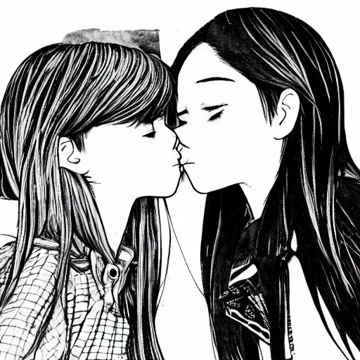 Image similar to portrait of two girls kissing, detailed manga art