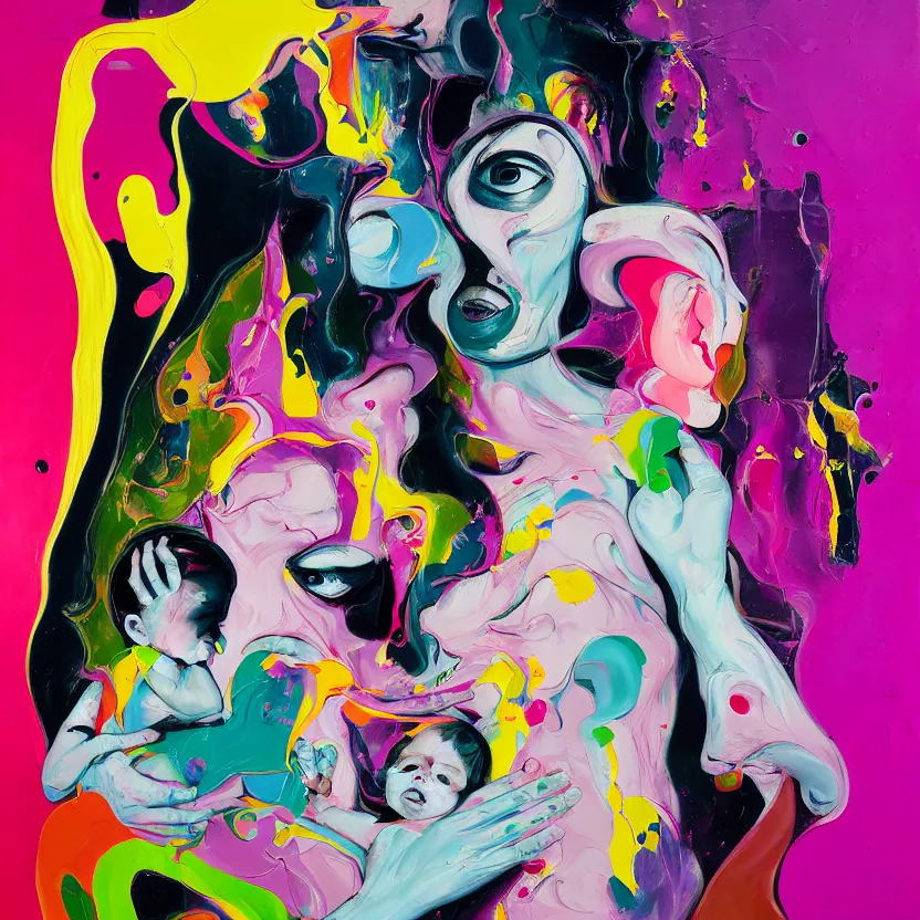 Prompt: woman holding a baby, an ultrafine detailed painting by peter max and francis bacon and fiona rae and maryam hashemi and hernan bas and anna mond, featured on deviantart, metaphysical painting, pop surrealism, melting paint, biomorphic, mixed media, photorealistic, dripping paint, palette knife texture, masterpiece