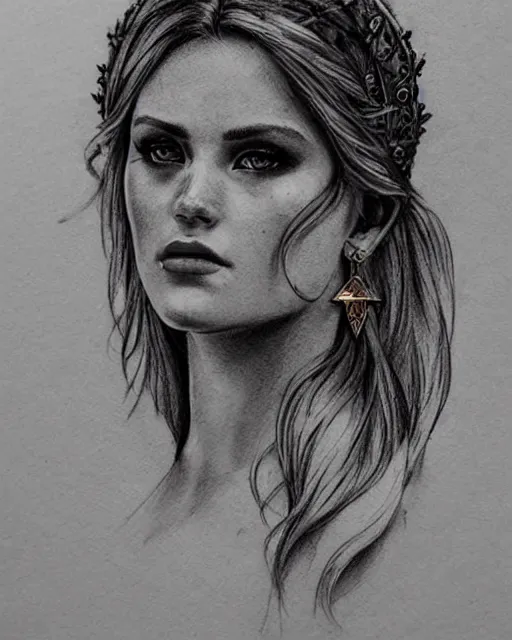 Image similar to tattoo sketch of beautiful greek goddess aphrodite with arrowhead earrings, beautiful piercing eyes, flowing blonde hair, realistic face, hyper realistic, in the style of greg rutkowski, fantasy, amazing detail, epic, intricate, elegant, smooth, sharp focus