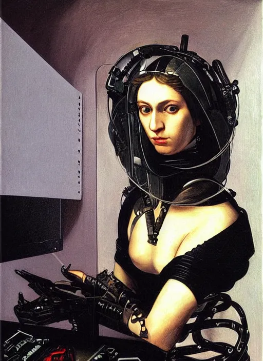 Prompt: a portrait of a cyberpunk woman jacked into a cyberdeck by Caravaggio