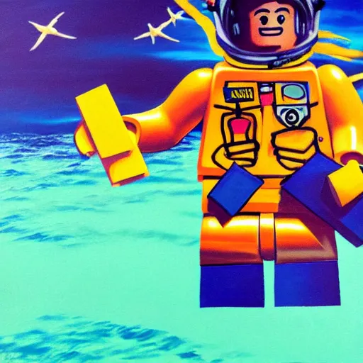 Prompt: lego blocks painting of astronaut in the ocean, skies, realistic, colorful, positive vibes, cinematic, 3 d, hd