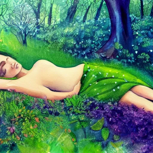 Image similar to a beautiful painting of a female laying down in a green forest, dense moss, lovely vines, watercolors