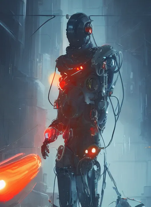 Image similar to a robotic man, cyberpunk, koi fish, orange spike aura, detailed artwork trending on artstation by greg rutkowski