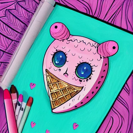 Image similar to crying cute eyes mouth pink ice cream, blue waffle cone, jester themed, intricate concept art, thick line drawing, 1 9 8 3 horror painted book cover art