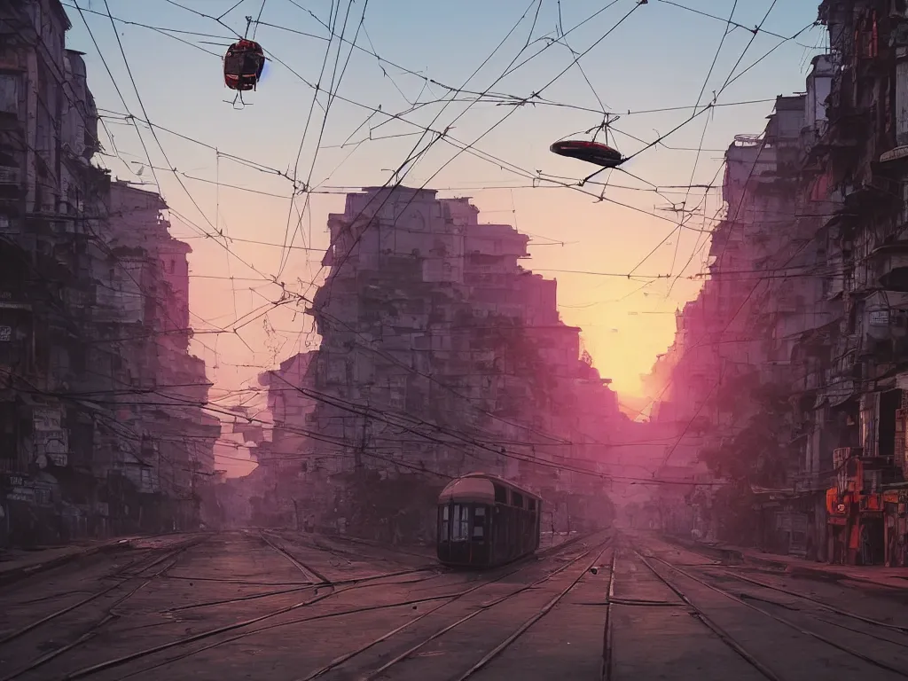 Image similar to streets of kolkata, sunset, airship in the sky over tram, train on road, clear skies in the distance, hyperreal, artstation