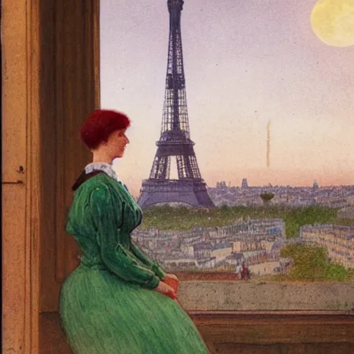 Image similar to a young edwardian woman sits in a window overlooking paris with the eiffel tower visible in the background, the moon is behind the eiffel tower, it's nighttime, in the style of Carl Larsson