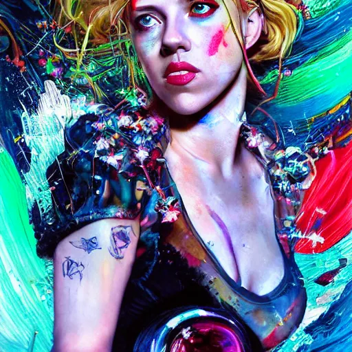 Image similar to drunken scarlett johansson as delirium from sandman, ( hallucinating colorful soap bubbles ), by jeremy mann, by sandra chevrier, by dave mckean and richard avedon and maciej kuciara, punk rock, tank girl, high detailed, one green eye and one blue eye, 8 k