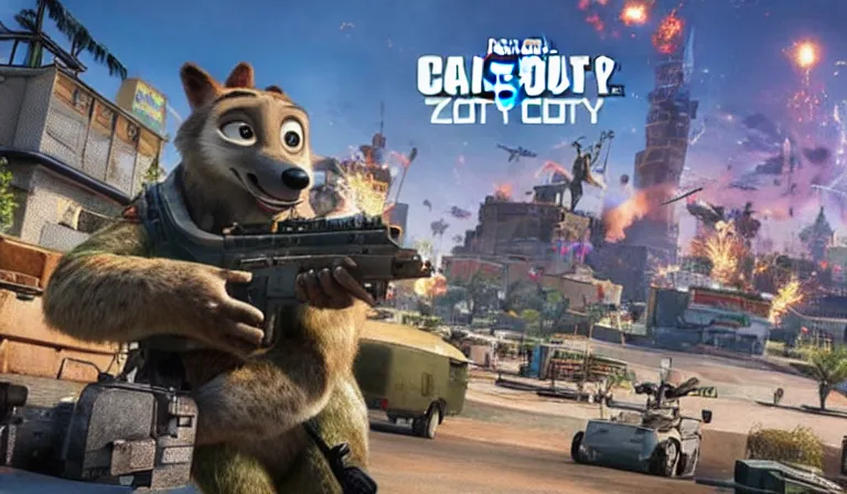 Prompt: screen shot of Call of Duty : Disney, in Zootopia city, Cute and colorful cityscape, Gun at bottom of screen, Pixar Digital Movies